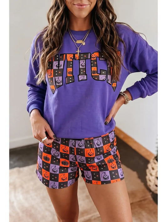 Halloween Letter Top Checkered Elastic Waist Shorts Set