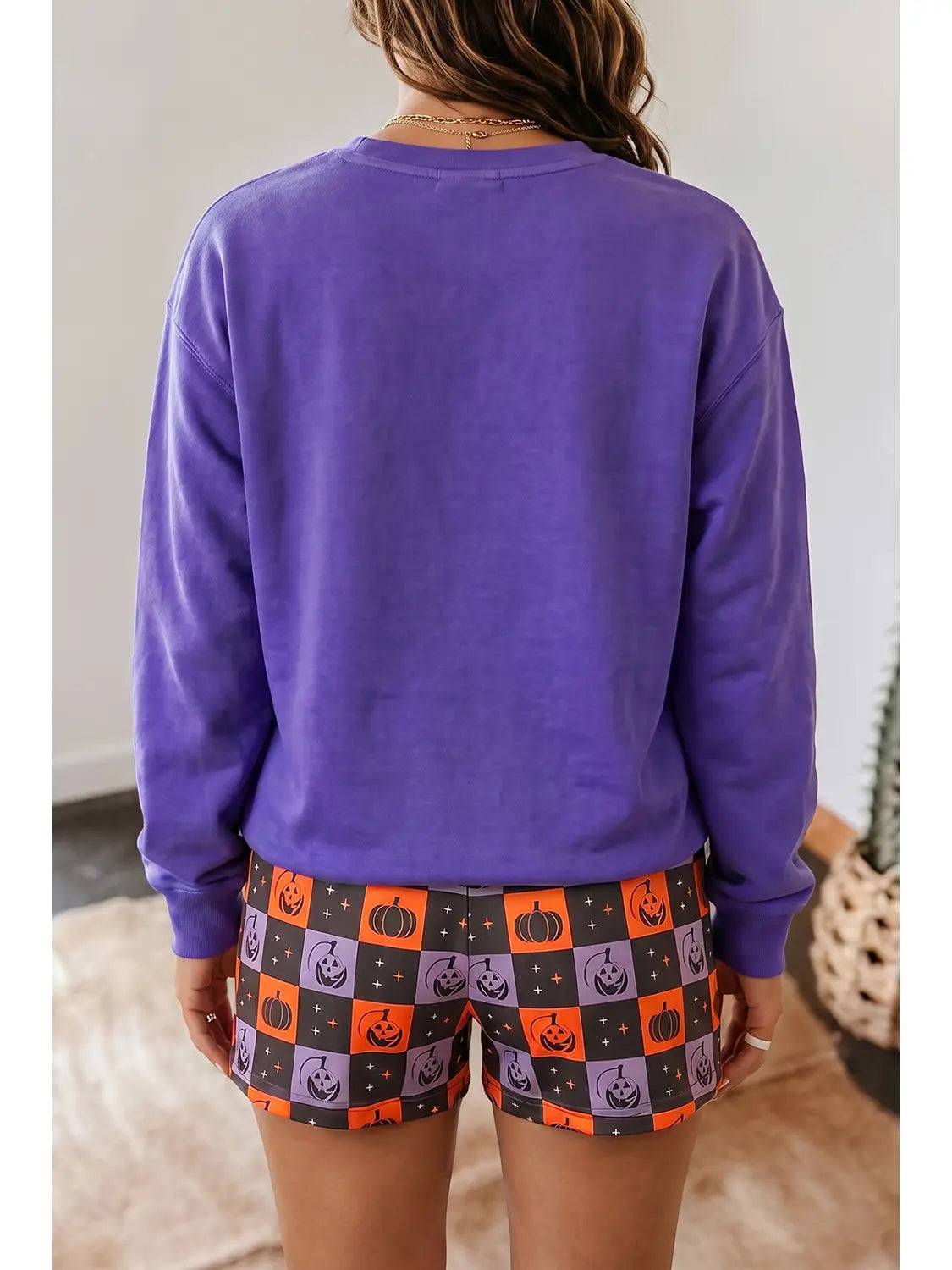 Halloween Letter Top Checkered Elastic Waist Shorts Set