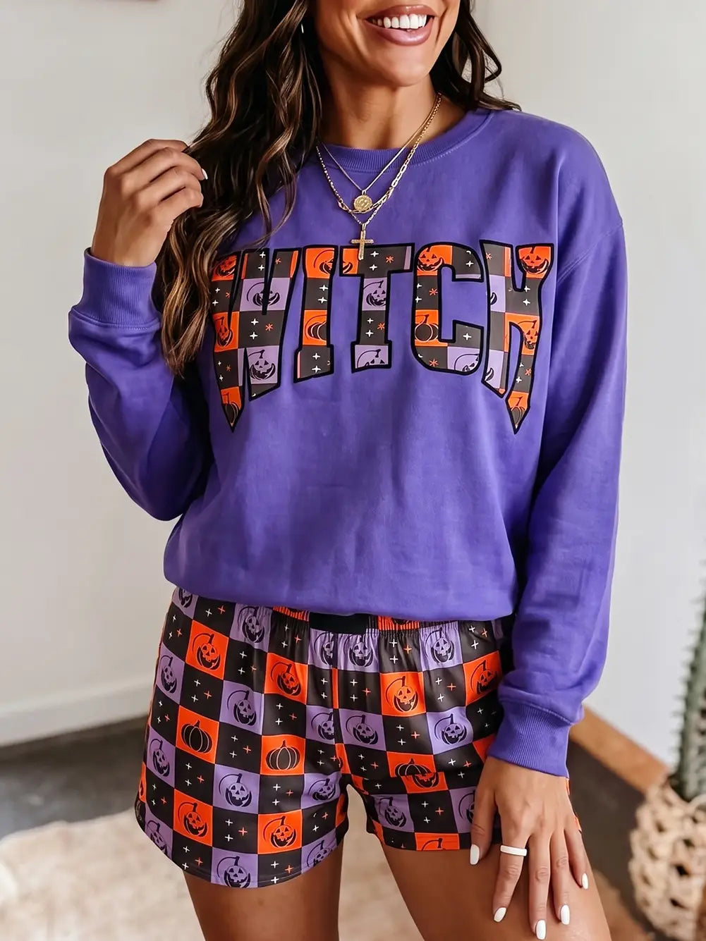 Halloween Letter Top Checkered Elastic Waist Shorts Set