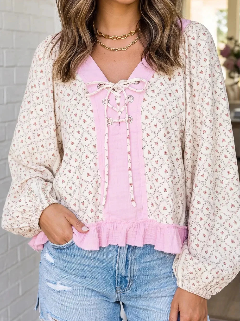 Bow Ruffle V Neck Blouse